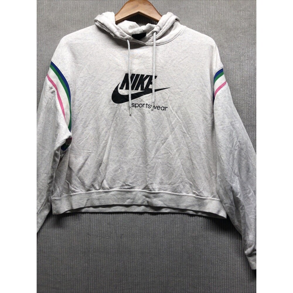 Nike Sportswear Women’s Hoodie Size Large Light Gray Pink Green Crop Athleisure